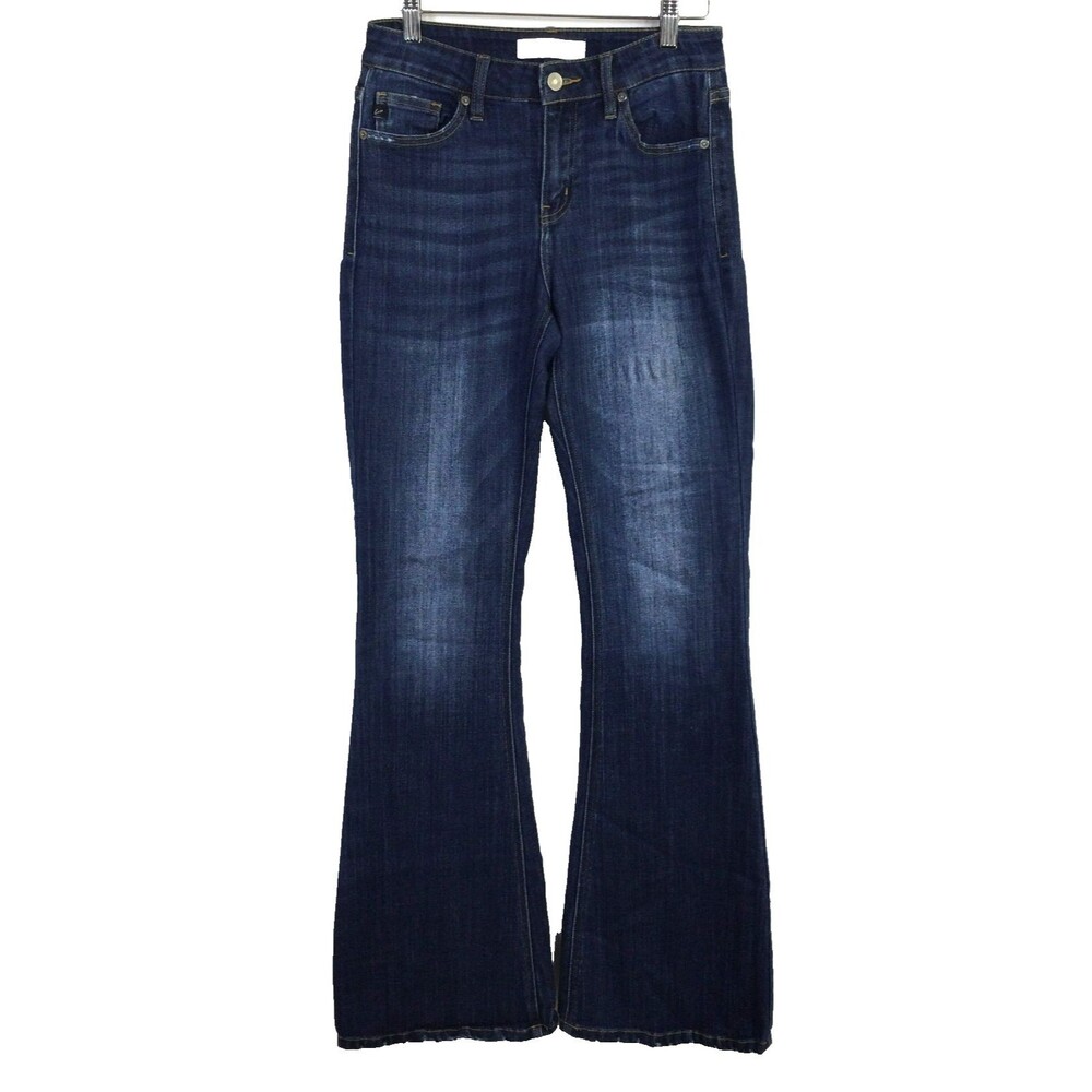 KanCan Womens Natti Mid Rise Flare Leg Dark Denim Faded Stretch Jeans Size 26